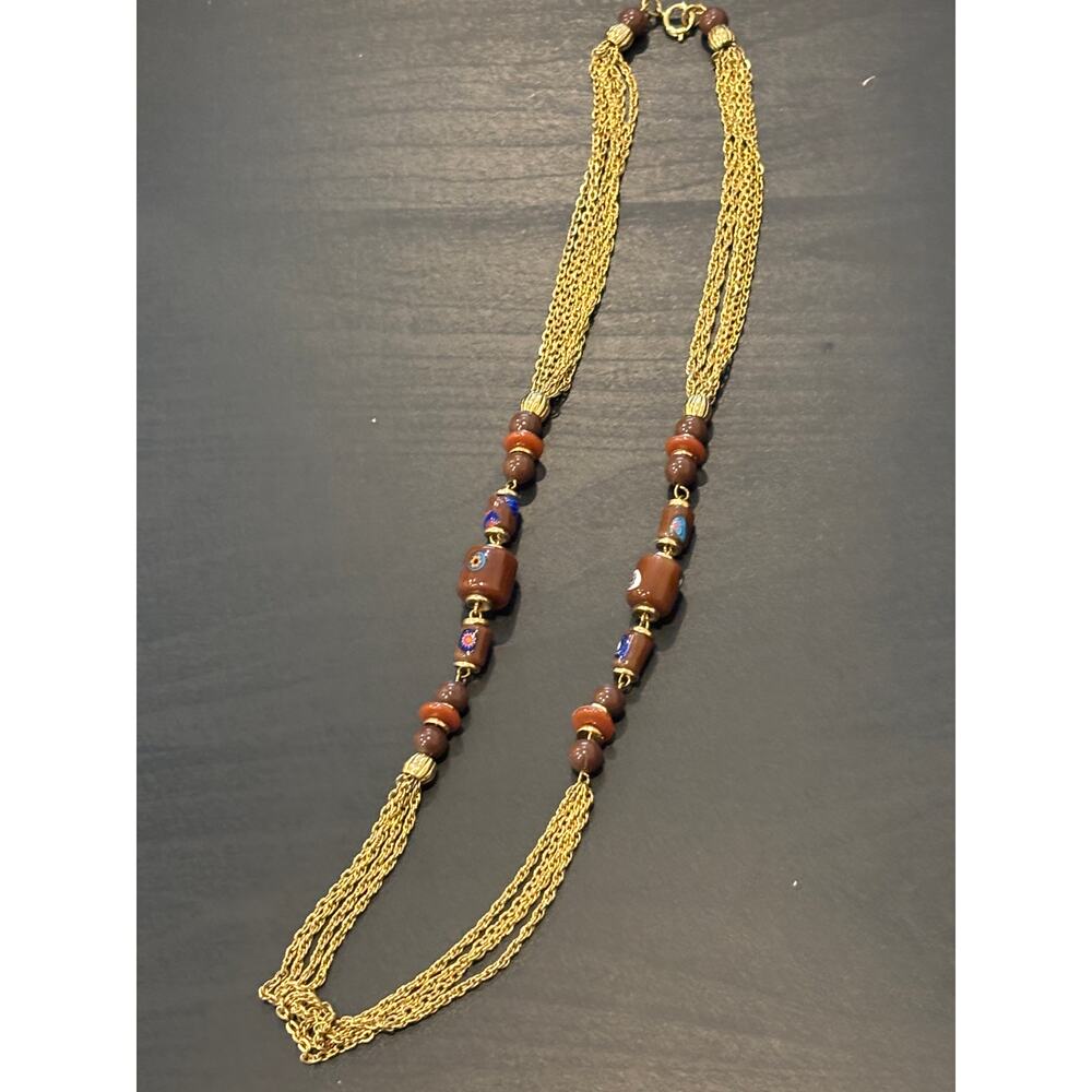 Vintage Tombo Beads Necklace Gold Tone Chains Millefiori
